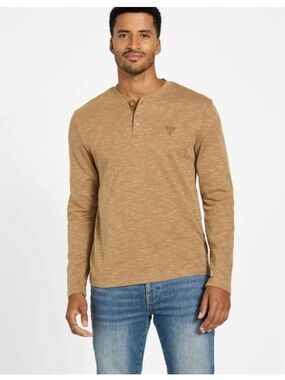 GUESS Men’s Large Toasted Taupe Waffle Knit Henley NWT
